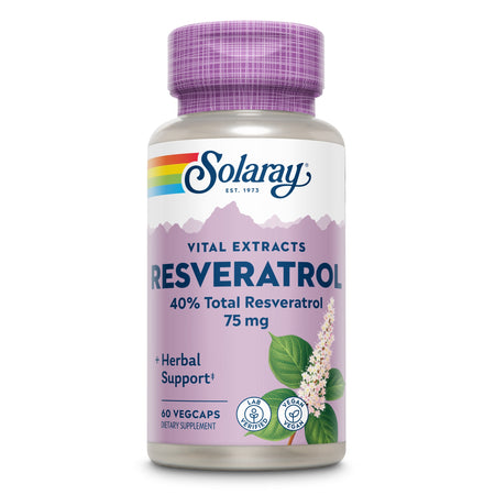 Flasche mit Solaray Vital Extracts Resveratrol, 75 mg, 60 Vegcaps. Enthält 40% Resveratrol, vegan und laborgeprüft.