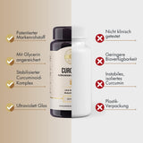 Das Bild zeigt ein Etikett eines Nahrungsergänzungsmittels mit dem Namen 'Curcumin KURKUMAWURZEL-EXTRAKT'. Das Etikett ist in beige und gold gehalten und enthält Informationen zu den Inhaltsstoffen, Anwendungshinweisen und Nährstoffangaben. Es gibt einen QR-Code, der zu weiteren Informationen führt. Das Produkt ist glutenfrei und vegan, enthält 90 Kapseln und wird von Supplementa B.V. in den Niederlanden vertrieben.