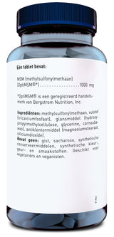 Eine durchsichtige Plastikflasche mit blauem Deckel, gefüllt mit weißen Tabletten. Auf dem Etikett stehen Informationen über den Inhalt: MSM (Methylsulfonylmethaan) 1000 mg pro Tablette. Weitere Inhaltsstoffe und Hinweise sind ebenfalls angegeben. Die Flasche ist für Vegetarier und Veganer geeignet.