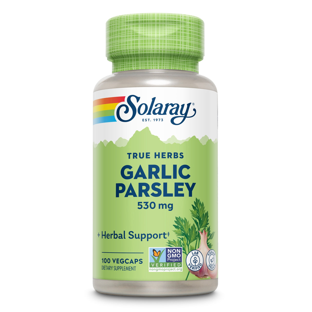 Die Abbildung zeigt eine Flasche mit Nahrungsergänzungsmitteln der Marke Solaray. Auf dem Etikett steht 'True Herbs Garlic Parsley 530 mg'. Die Flasche enthält 100 Vegcaps und ist als Non-GMO und vegan gekennzeichnet. Das Etikett ist grün mit einer Abbildung von Knoblauch und Petersilie. Die Flasche hat einen grünen Deckel.