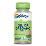 Eine grüne Flasche mit der Aufschrift 'Solaray True Herbs Oil of Oregano 150 mg'. Die Flasche enthält 60 Softgels und ist als vegan und laborgeprüft gekennzeichnet. Ein Bild einer Oregano-Pflanze ist ebenfalls auf dem Etikett zu sehen.