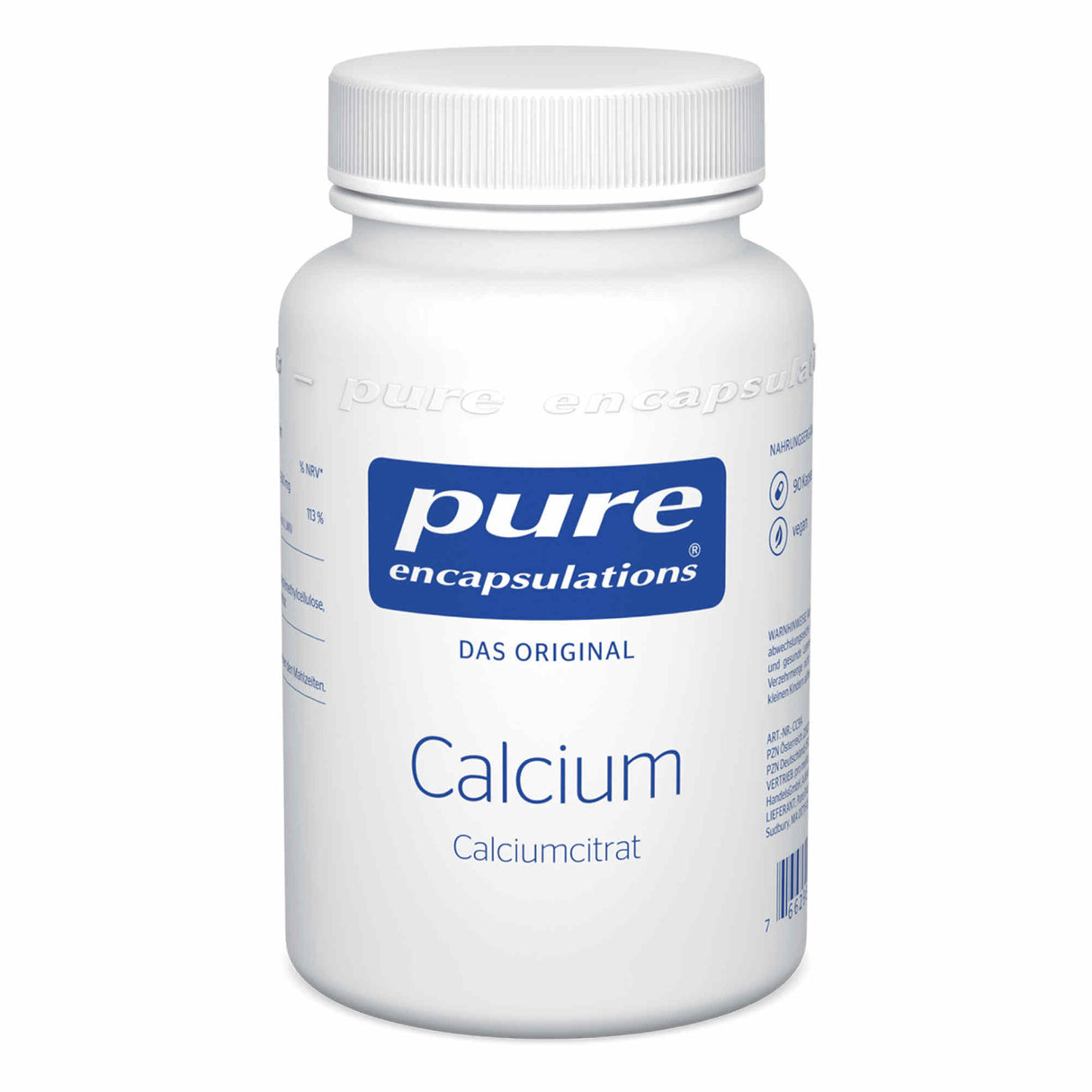 Eine weiße Plastikflasche mit einem blauen Etikett. Auf dem Etikett steht "pure encapsulations Das Original Calcium Calciumcitrat". Die Flasche hat einen weißen Schraubverschluss. Das Etikett enthält auch Symbole und einen Barcode.