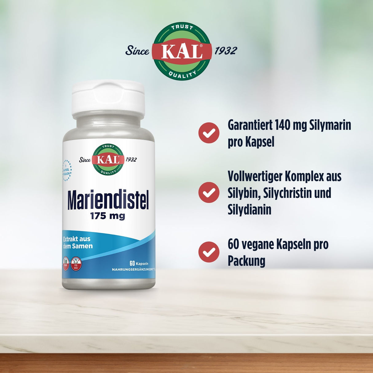 Mariendistel 175 mg Nahrungsergänzungsmittel von KAL. Enthält 140 mg Silymarin pro Kapsel, vollwertiger Komplex, 60 vegane Kapseln.