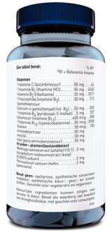 Das Bild zeigt eine Flasche mit einem blauen Deckel, die mit einem Etikett versehen ist. Auf dem Etikett steht eine Liste von Vitaminen und Kräuterextrakten, die in den Tabletten enthalten sind. Die Flasche ist für Vegetarier und Veganer geeignet und enthält keine synthetischen Zusatzstoffe. Das Etikett ist in niederländischer Sprache verfasst.