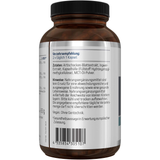 Das Bild zeigt eine weiße Flasche des Nahrungsergänzungsmittels 'Gut-Mobility Optimizer' von American Biologics. Auf dem Etikett steht 'vegan' und 'non-GMO'. Vor der Flasche liegen einige Kapseln.