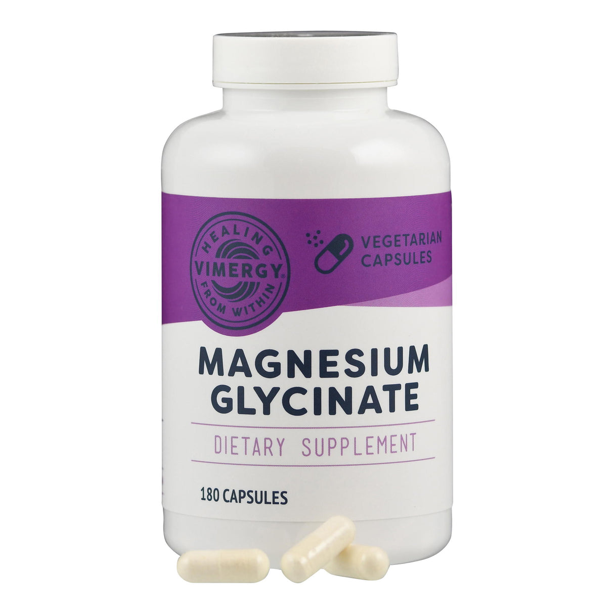 Eine weiße Flasche mit violettem Etikett, das "Magnesium Glycinate" und "Dietary Supplement" zeigt. Es enthält 180 vegetarische Kapseln von Vimergy.