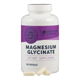 Eine weiße Flasche mit violettem Etikett, das "Magnesium Glycinate" und "Dietary Supplement" zeigt. Es enthält 180 vegetarische Kapseln von Vimergy.