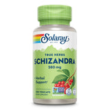 Ein grünes Fläschchen von Solaray mit Schizandra-Kapseln, 580 mg. Enthält 100 Vegcaps und ist Non-GMO und Lab Verified.