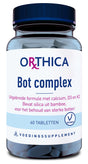 Eine Flasche mit der Aufschrift 'Orthica Bot complex', die 60 Tabletten eines Nahrungsergänzungsmittels enthält. Die Flasche ist blau mit einem weißen Etikett, auf dem Informationen über die Inhaltsstoffe wie Calcium, D3 und K2 stehen. Die Tabletten sind für die Erhaltung starker Knochen gedacht und enthalten Bambussilica. Die Verpackung ist vegetarisch gekennzeichnet.