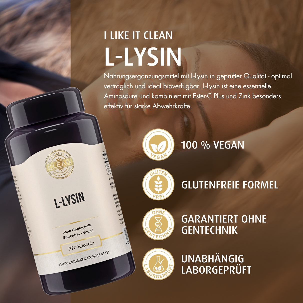 Ein Bild zeigt eine schwarze Kunststoffflasche mit der Aufschrift 'L-Lysin'. Um die Flasche herum sind Symbole und Texte platziert, die Eigenschaften des Produkts hervorheben: essentielle Aminosäure, hochreines Lysin HCL, vom Körper nicht selbst hergestellt, vegane Formel, gluten- und sojafrei, ohne Gentechnik. Die Flasche enthält 270 Kapseln und ist glutenfrei und vegan. Der Hintergrund ist einfarbig beige.