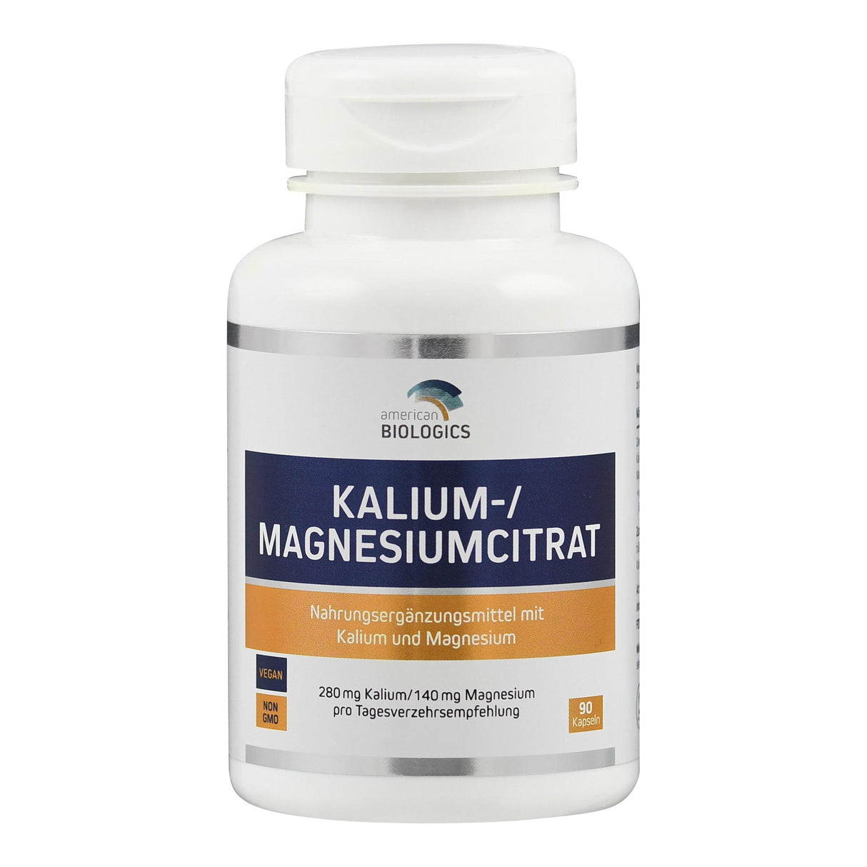 Eine weiße Plastikflasche mit einem Etikett, das "American Biologics Kalium-/Magnesiumcitrat" zeigt. Das Etikett ist blau und orange mit Informationen über das Nahrungsergänzungsmittel, einschließlich "vegan" und "nicht gentechnisch verändert". Die Flasche enthält 90 Kapseln mit einer Dosierung von 280 mg Kalium und 140 mg Magnesium pro Tagesverzehrsempfehlung.
