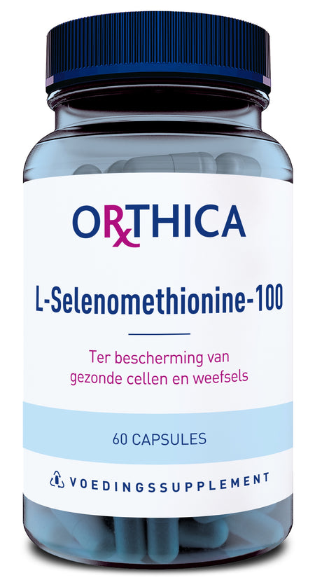 Das Bild zeigt eine blaue Kunststoffflasche mit einem Etikett der Marke Orthica. Die Aufschrift auf dem Etikett lautet „L-Selenomethionine-100“ und „60 Capsules“. Das Produkt ist ein Nahrungsergänzungsmittel zur Unterstützung gesunder Zellen und Gewebe. Der Deckel der Flasche ist ebenfalls blau.