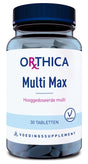 Eine Flasche mit Nahrungsergänzungsmitteln der Marke Orthica. Auf dem Etikett steht 'Multi Max', 'Hooggedoseerde multi', '30 Tabletten', 'Voedingssupplement' und ein Symbol für vegetarisch. Die Flasche ist blau und durchsichtig, mit einem blauen Schraubverschluss und enthält blaue Tabletten.