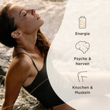 Eine Frau in einem schwarzen Badeanzug sitzt mit geschlossenen Augen an einem Felsen, wahrscheinlich in der Natur. Sie wirkt entspannt. Rechts im Bild sind Symbole und Texte zu Energie, Psyche & Nerven, sowie Knochen & Muskeln zu sehen.