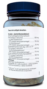 Ein Glasbehälter mit blauem Deckel, gefüllt mit weichen Gelkapseln. Auf dem Etikett stehen Inhaltsstoffe in niederländischer Sprache: Pflanzenöle wie Echium- und Schizochytriumöl, Vitamine. Die Mengenangaben sind in Milligramm aufgeführt.