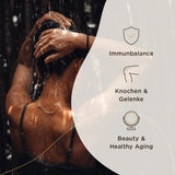 Eine Person steht mit dem Rücken zur Kamera unter einem Wasserstrahl und hält die Hände am Kopf. Auf der rechten Seite des Bildes sind die Begriffe 'Immunbalance', 'Knochen & Gelenke' und 'Beauty & Healthy Aging' zusammen mit entsprechenden Symbolen abgebildet.