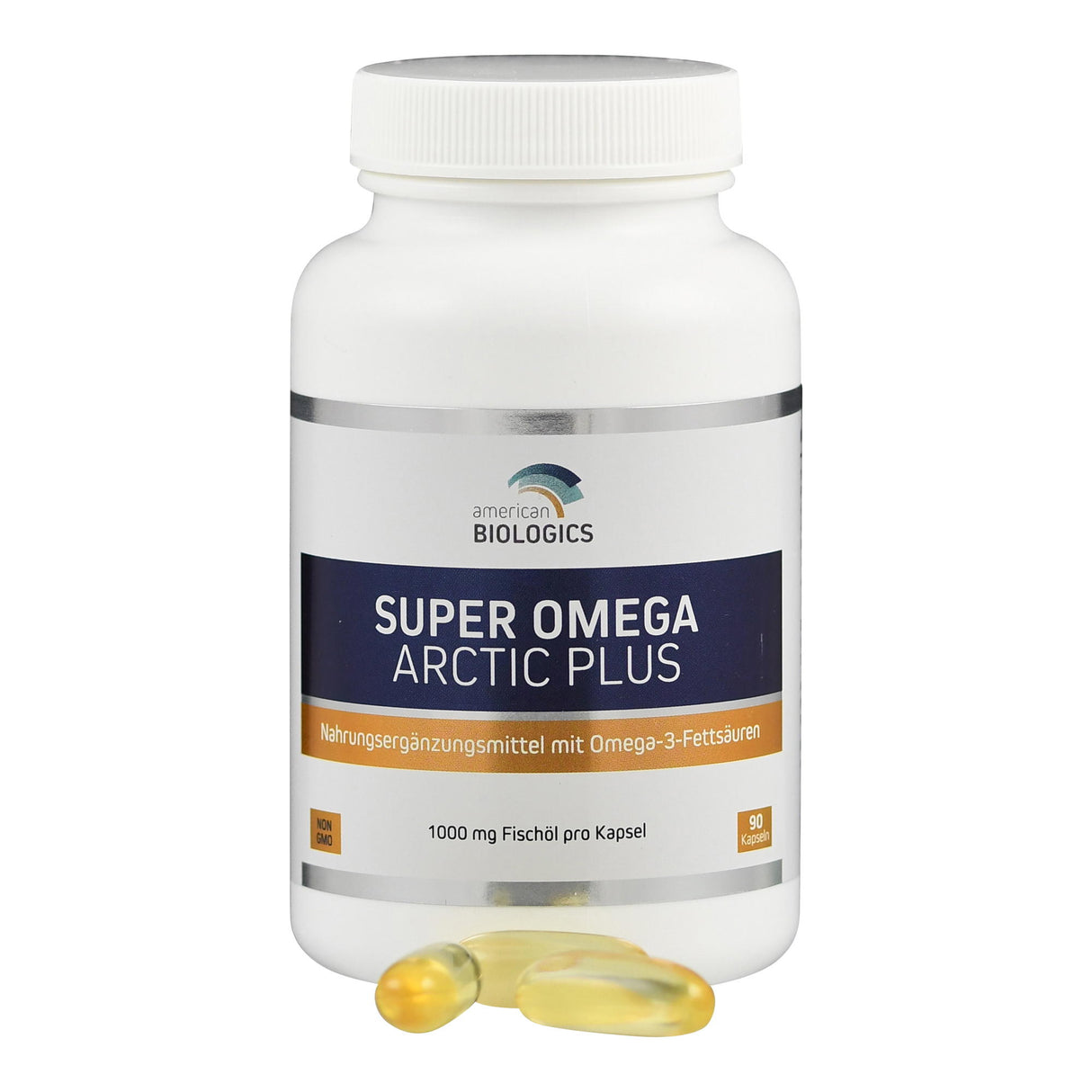 Eine weiße Plastikflasche mit einem Schraubverschluss, auf der "Super Omega Arctic Plus" steht. Auf dem Etikett sind auch "Nahrungsergänzungsmittel mit Omega-3-Fettsäuren" und "1000 mg Fischöl pro Kapsel" zu lesen. Vor der Flasche liegen zwei gelbe Kapseln.