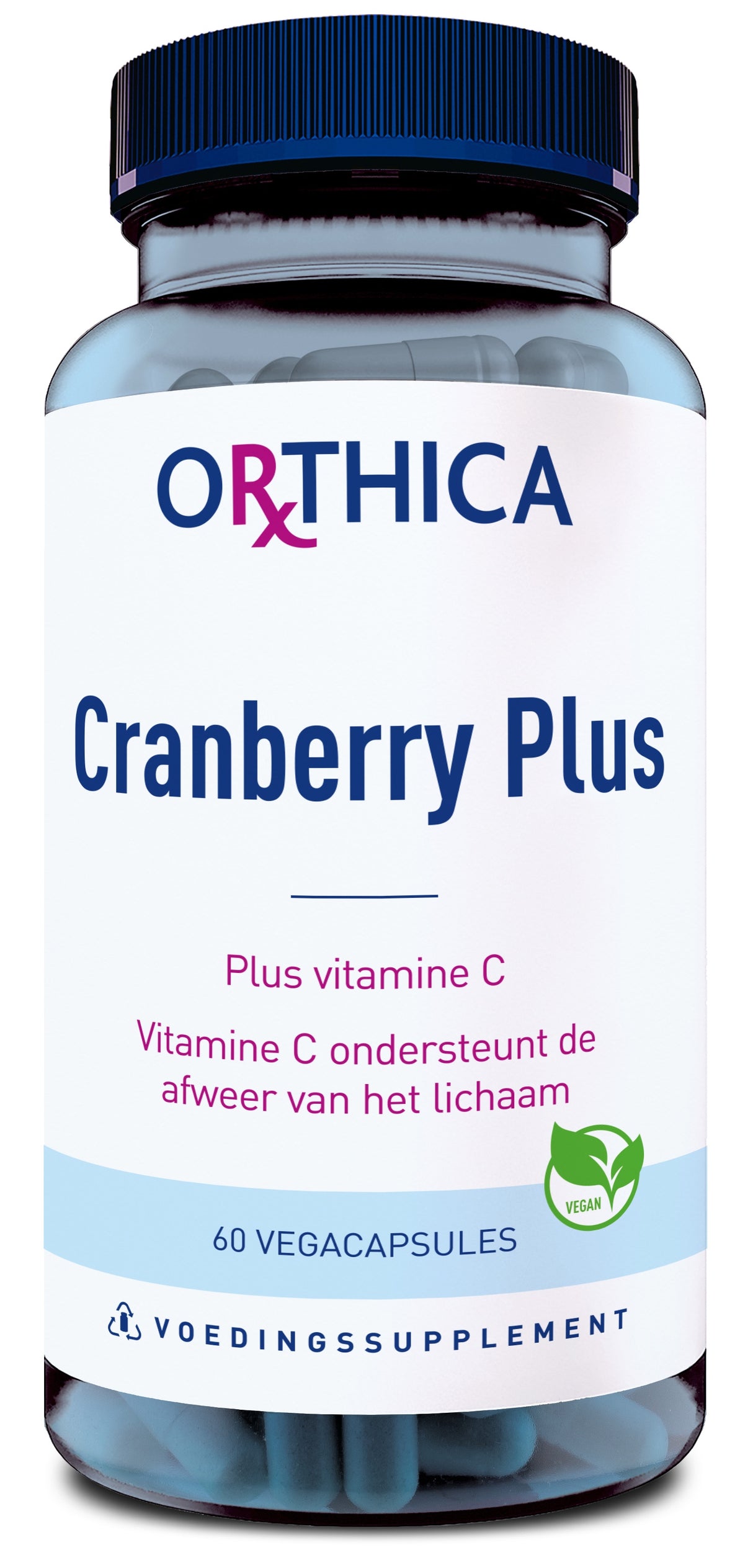 Das Bild zeigt eine Produktverpackung von Orthica Cranberry Plus. Es handelt sich um eine Flasche mit einem blauen Deckel und einem weißen Etikett, auf dem der Produktname, die Funktion des Produkts (Plus Vitamin C), und die Anzahl der Kapseln (60 Vegacapsules) angegeben sind. Das Etikett enthält auch einen Hinweis auf die Unterstützung des Immunsystems durch Vitamin C und ein veganes Logo. Die Flasche ist durchsichtig, sodass die blauen Kapseln im Inneren sichtbar sind.