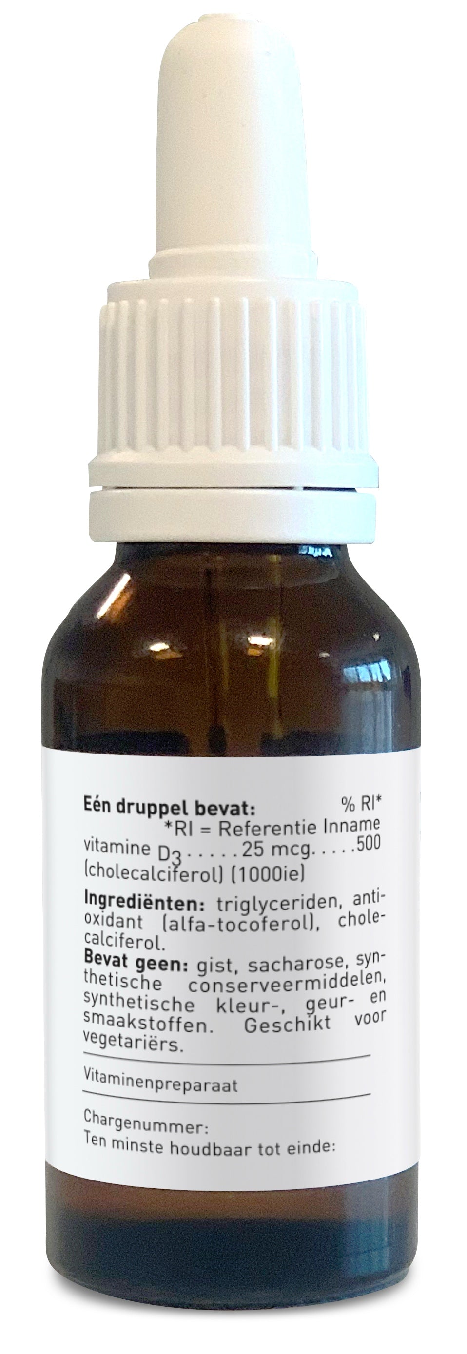 Das Bild zeigt eine braune Glasflasche mit weißem Etikett und einem weißen Tropfverschluss. Auf dem Etikett stehen Informationen über den Inhalt: Vitamin D3 in einer Menge von 25 mcg pro Tropfen, sowie weitere Inhaltsstoffe wie Triglyceride und Antioxidantien. Die Flasche enthält keine Hefe, Saccharose oder synthetische Konservierungsstoffe und ist für Vegetarier geeignet.