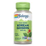 Eine Flasche mit "Solaray Korean Ginseng 550 mg" Nahrungsergänzungsmittel. Etikett zeigt Ginsengpflanze, Non-GMO- und Lab Verified-Siegel.
