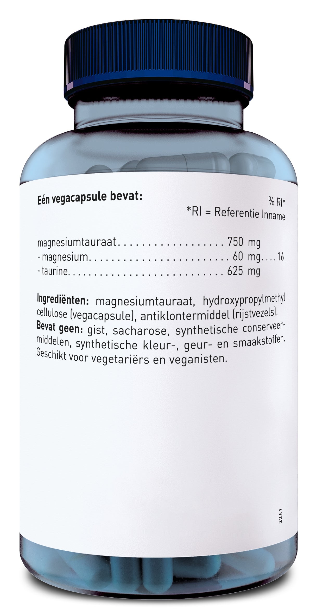 Das Bild zeigt eine transparente Plastikflasche mit blauem Deckel, die vegane Nahrungsergänzungsmittel in Kapselform enthält. Auf dem weißen Etikett sind Inhaltsstoffe wie Magnesiumtauraat und Hydroxypropylmethylcellulose aufgelistet. Die Flasche ist für Vegetarier und Veganer geeignet.