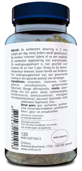 Das Bild zeigt eine durchsichtige Plastikflasche mit blauer Kappe, gefüllt mit 120 Mini-Softgels. Auf dem weißen Etikett sind Gebrauchsanweisungen und Zutaten in niederländischer Sprache aufgedruckt. Die Flasche ist von der Marke Orthica und hat eine Adresse in Almere, Niederlande.