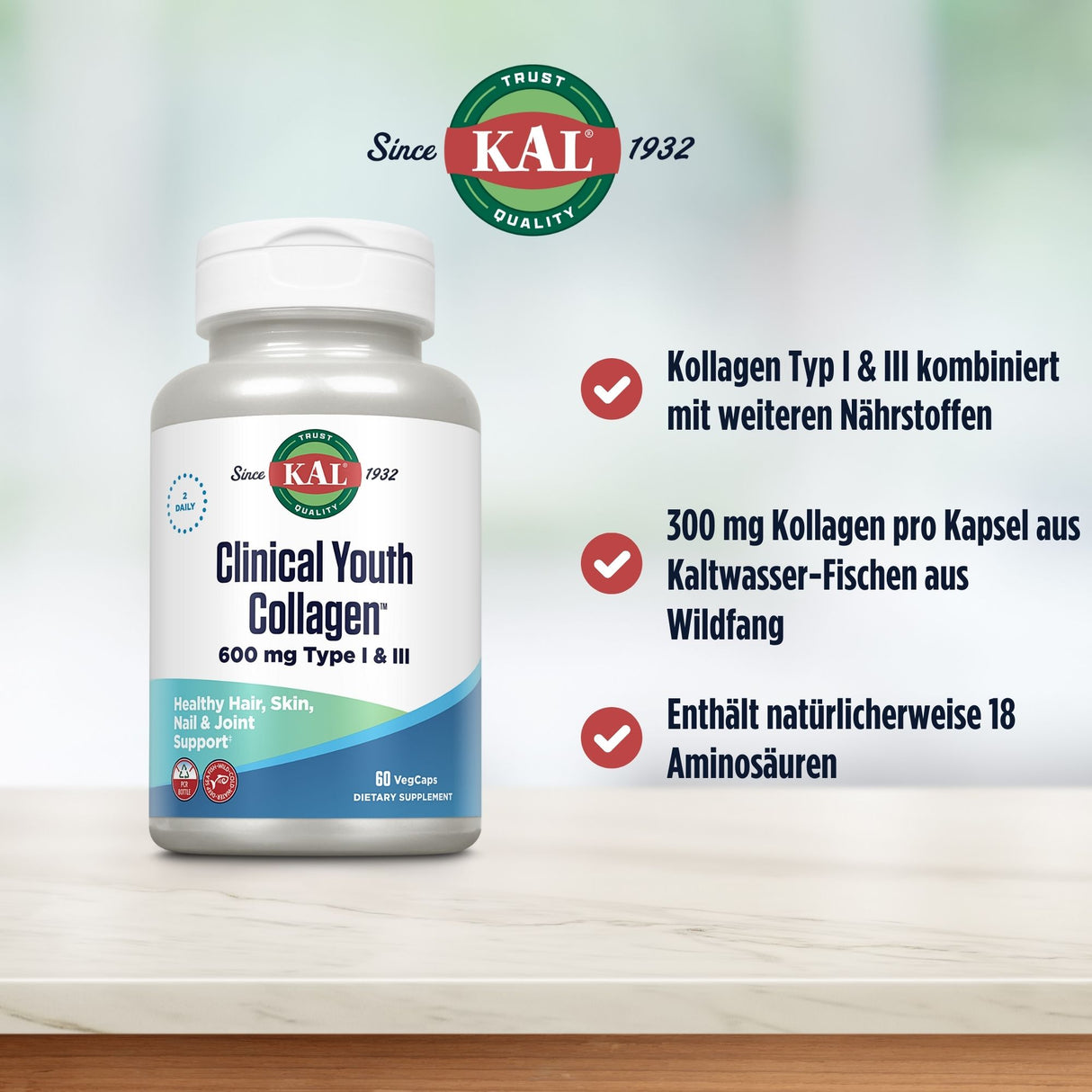 KAL Clinical Youth Collagen Flasche auf Tisch, 600 mg Typ I & III, 60 Kapseln. Enthält Kollagen aus Wildfang-Fischen, 18 Aminosäuren.