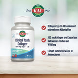 KAL Clinical Youth Collagen Flasche auf Tisch, 600 mg Typ I & III, 60 Kapseln. Enthält Kollagen aus Wildfang-Fischen, 18 Aminosäuren.