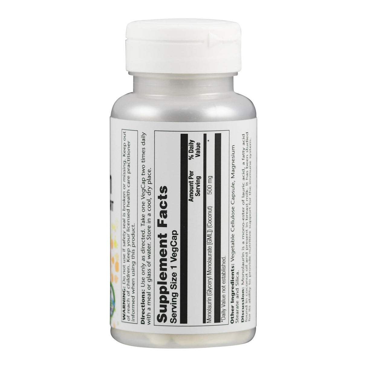 Flasche mit Etikett "Supplement Facts", 1 VegCap, 500 mg Monolaurin, Glycerin Monolaurate (GML), Kokosnuss.