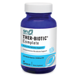Das Bild zeigt eine blaue Plastikflasche mit weißem Etikett, auf dem "SFI Health THER-BIOTIC Complete" steht. Die Flasche enthält 60 Kapseln zur Unterstützung des Mikrobioms. Auf dem Etikett sind weitere Informationen zu den enthaltenen probiotischen Stämmen und der CFU-Zahl angegeben. Der Hintergrund ist neutral und einfarbig.