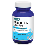 Das Bild zeigt eine blaue Plastikflasche mit weißem Etikett, auf dem "SFI Health THER-BIOTIC Complete" steht. Die Flasche enthält 60 Kapseln zur Unterstützung des Mikrobioms. Auf dem Etikett sind weitere Informationen zu den enthaltenen probiotischen Stämmen und der CFU-Zahl angegeben. Der Hintergrund ist neutral und einfarbig.