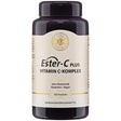Eine schwarze Plastikflasche mit einem Etikett, das "Ester-C Plus Vitamin C-Komplex" zeigt. Es ist ein Nahrungsergänzungsmittel, das glutenfrei, vegan und ohne Gentechnik ist. Die Flasche enthält 180 Kapseln.