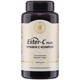 Eine schwarze Plastikflasche mit einem Etikett, das "Ester-C Plus Vitamin C-Komplex" zeigt. Es ist ein Nahrungsergänzungsmittel, das glutenfrei, vegan und ohne Gentechnik ist. Die Flasche enthält 180 Kapseln.