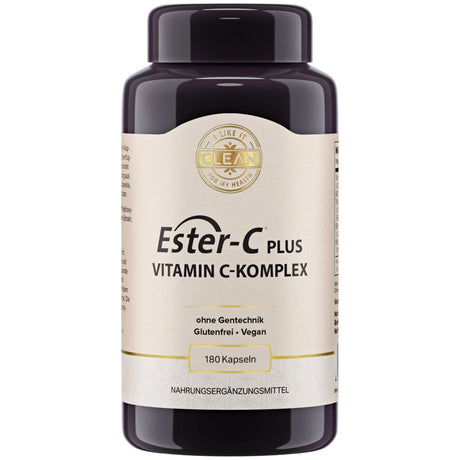 Eine schwarze Plastikflasche mit einem Etikett, das "Ester-C Plus Vitamin C-Komplex" zeigt. Es ist ein Nahrungsergänzungsmittel, das glutenfrei, vegan und ohne Gentechnik ist. Die Flasche enthält 180 Kapseln.