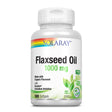 Ein weißes Fläschchen mit der Aufschrift 'Solaray Flaxseed Oil 1000 mg'. Es enthält 100 Softgels und ist mit organischem Leinsamen und Duralox Oxidationshemmer hergestellt. Auf dem Etikett sind bunte Streifen und ein grünes Blatt abgebildet.