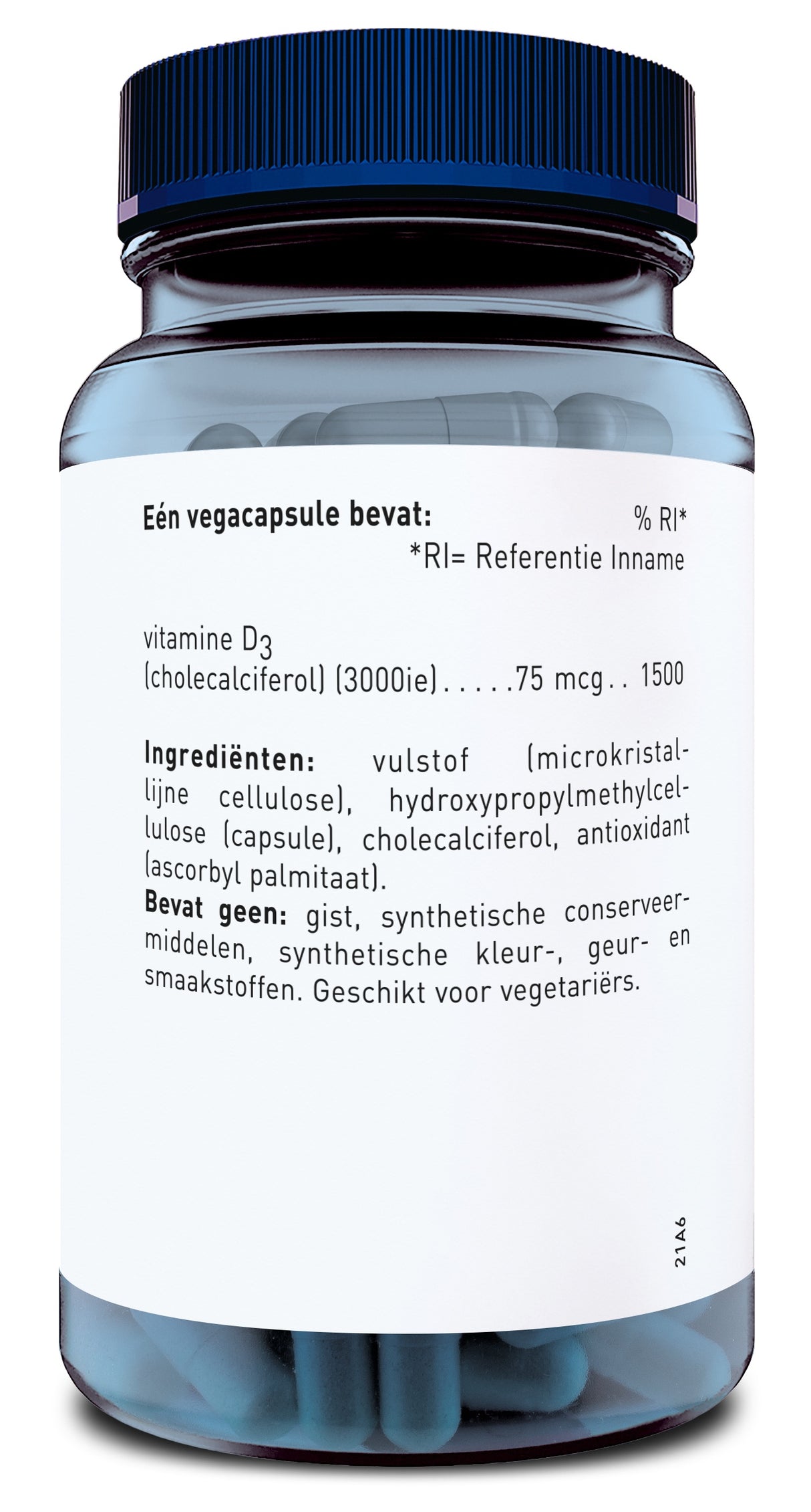 Ein Glasbehälter mit blauem Deckel, gefüllt mit blauen Kapseln. Auf dem Etikett steht: 'Eén vegacapsule bevat: vitamine D3 (cholecalciferol) (3000ie) ... 75 mcg ... 1500'. Zutaten sind Mikrokristalline Cellulose, Hydroxypropylmethylcellulose, Cholecalciferol, Antioxidans (Ascorbylpalmitat). Keine Hefe, synthetische Konservierungsstoffe, Farben, Aromen. Geeignet für Vegetarier.