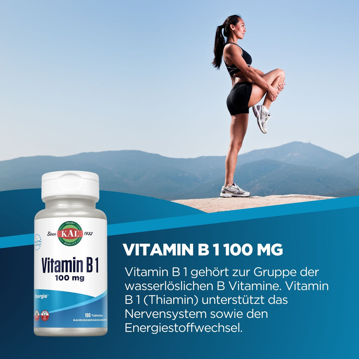 Eine Frau in Sportkleidung steht auf einem Felsen und dehnt sich. Im Vordergrund ist eine Vitamin B1 Flasche abgebildet. Text beschreibt die Vorteile von Vitamin B1.
