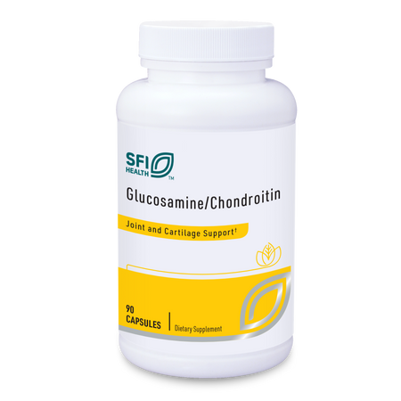 Eine weiße Flasche mit dem Aufdruck "SFI Health Glucosamine/Chondroitin". Der Text "Joint and Cartilage Support" ist ebenfalls sichtbar. Die Flasche enthält 90 Kapseln eines Nahrungsergänzungsmittels.