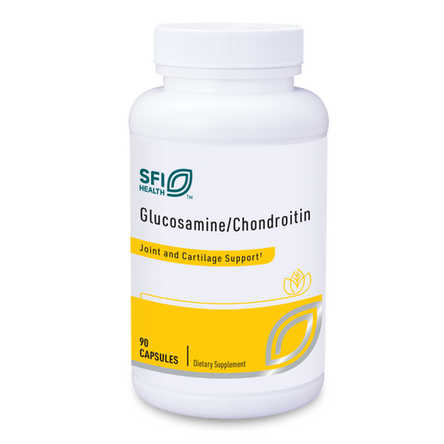 Eine weiße Flasche mit dem Aufdruck "SFI Health Glucosamine/Chondroitin". Der Text "Joint and Cartilage Support" ist ebenfalls sichtbar. Die Flasche enthält 90 Kapseln eines Nahrungsergänzungsmittels.