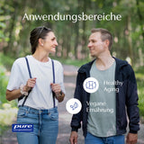 Zwei Personen, eine Frau und ein Mann, gehen lächelnd auf einem Waldweg. Sie tragen Freizeitkleidung. Im Bild sind die Begriffe "Anwendungsbereiche", "Healthy Aging", "Vegane Ernährung" und das Logo von Pure Encapsulations zu sehen.