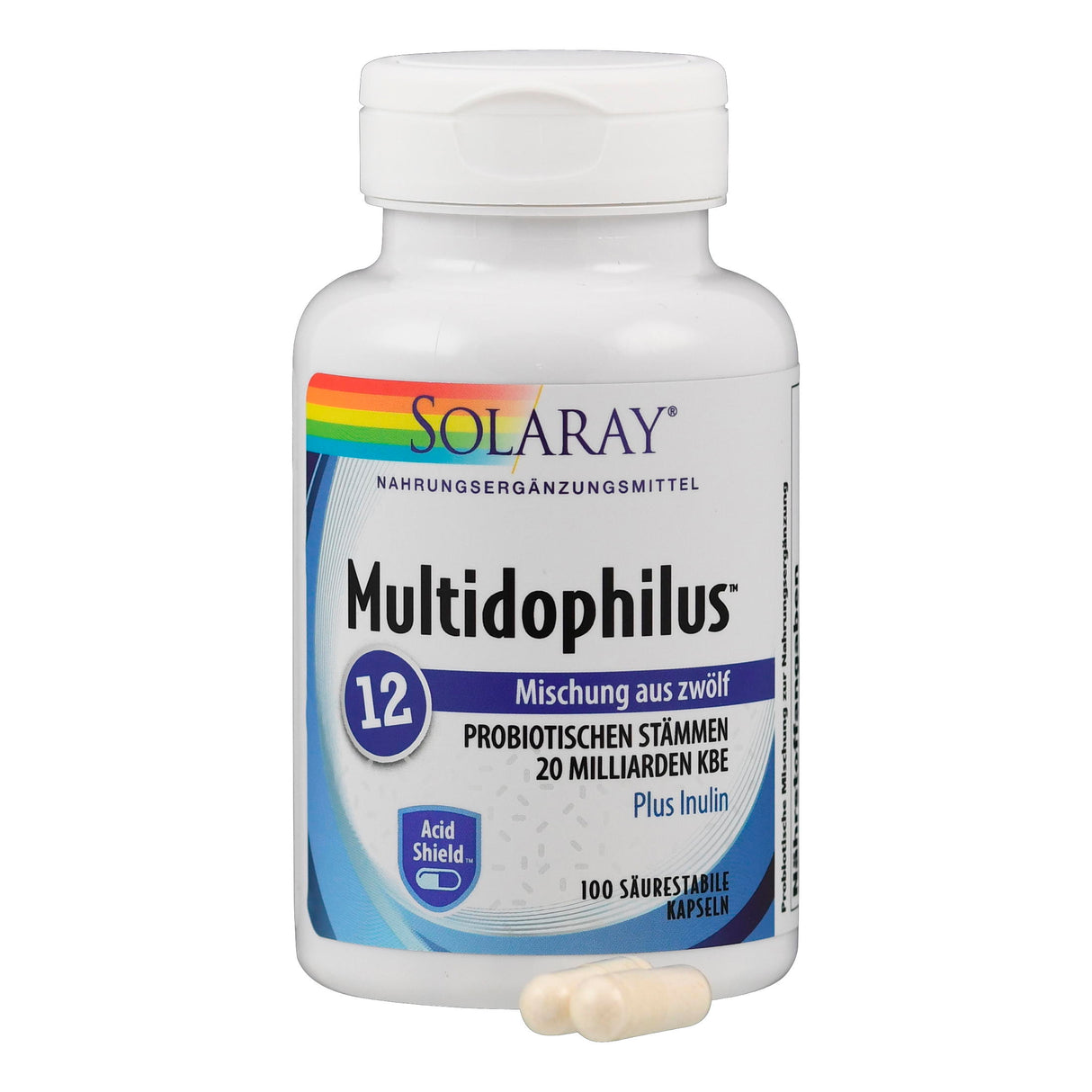 Eine weiße Flasche mit dem Etikett 'Solaray Multidophilus 12' steht vor einem weißen Hintergrund. Auf dem Etikett sind Informationen über die probiotischen Inhaltsstoffe der Kapseln angegeben. Zwei Kapseln liegen vor der Flasche.