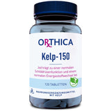 Das Bild zeigt eine blaue Plastikflasche mit weißem Etikett. Auf dem Etikett steht "ORTHICA Kelp-150". Darunter steht: "Jod trägt zu einer normalen Schilddrüsenfunktion und einem normalen Energiestoffwechsel bei". Die Flasche enthält 120 Tabletten und ist mit einem veganen Symbol versehen. Unten auf dem Etikett steht: "Nahrungsergänzungsmittel mit Kelp".