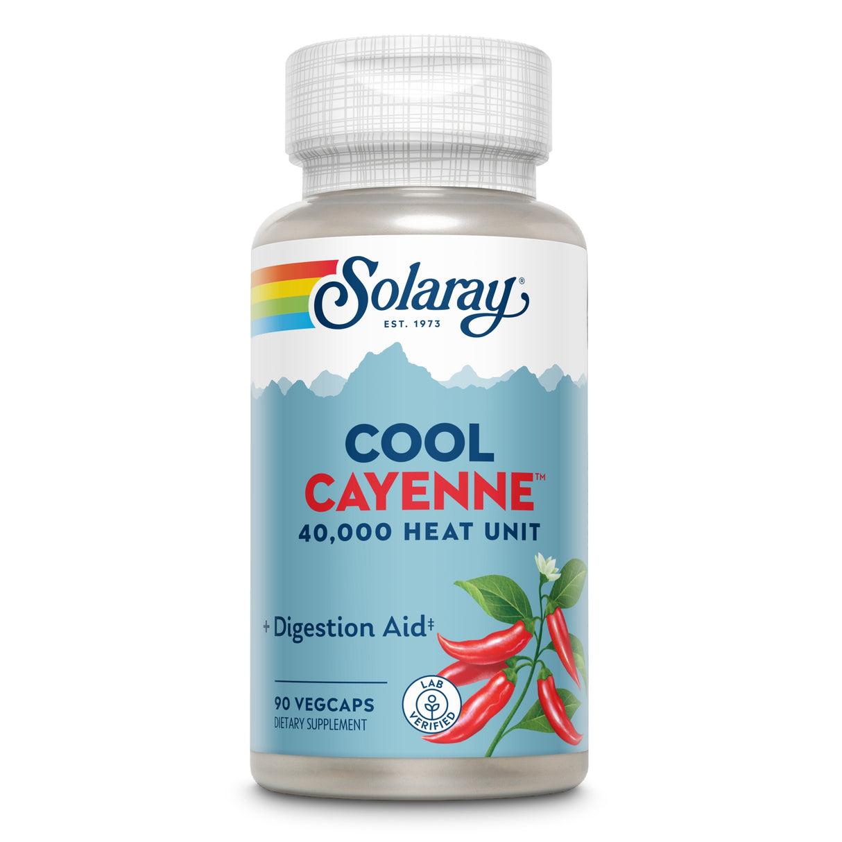 Das Bild zeigt eine Flasche Solaray Cool Cayenne Nahrungsergänzungsmittel mit 40.000 Heat Units. Auf dem Etikett sind rote Cayenne-Pfefferschoten und das Solaray-Logo abgebildet. Die Flasche enthält 90 VegCaps und ist als Verdauungshilfe gekennzeichnet.