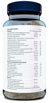 Ein Glasbehälter mit einem blauen Deckel, der Nahrungsergänzungsmittel in Form von Softgels enthält. Auf dem Etikett sind Vitamine und Mineralien aufgelistet, darunter Beta-Carotin, Vitamin D3 und Omega-3-Fettsäuren. Der Text ist in niederländischer Sprache verfasst. Der Behälter steht aufrecht und ist teilweise durchsichtig, sodass die goldfarbenen Softgels sichtbar sind. Am unteren Rand des Etiketts steht 'Darmstadt, Germany'.
