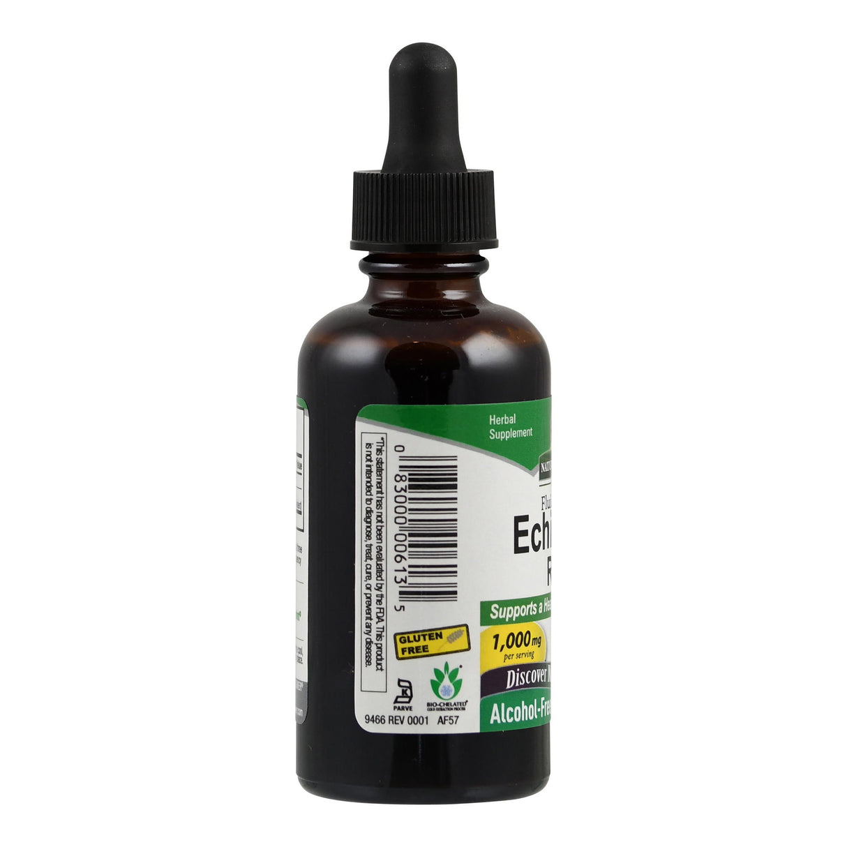 Eine braune Glasflasche mit Pipette, die ein Nahrungsergänzungsmittel enthält. Das Etikett zeigt Informationen wie 'Echinacea', 'Alkoholfrei', 'Glutenfrei' und '1.000 mg pro Portion'. Die Flasche steht aufrecht vor einem weißen Hintergrund.