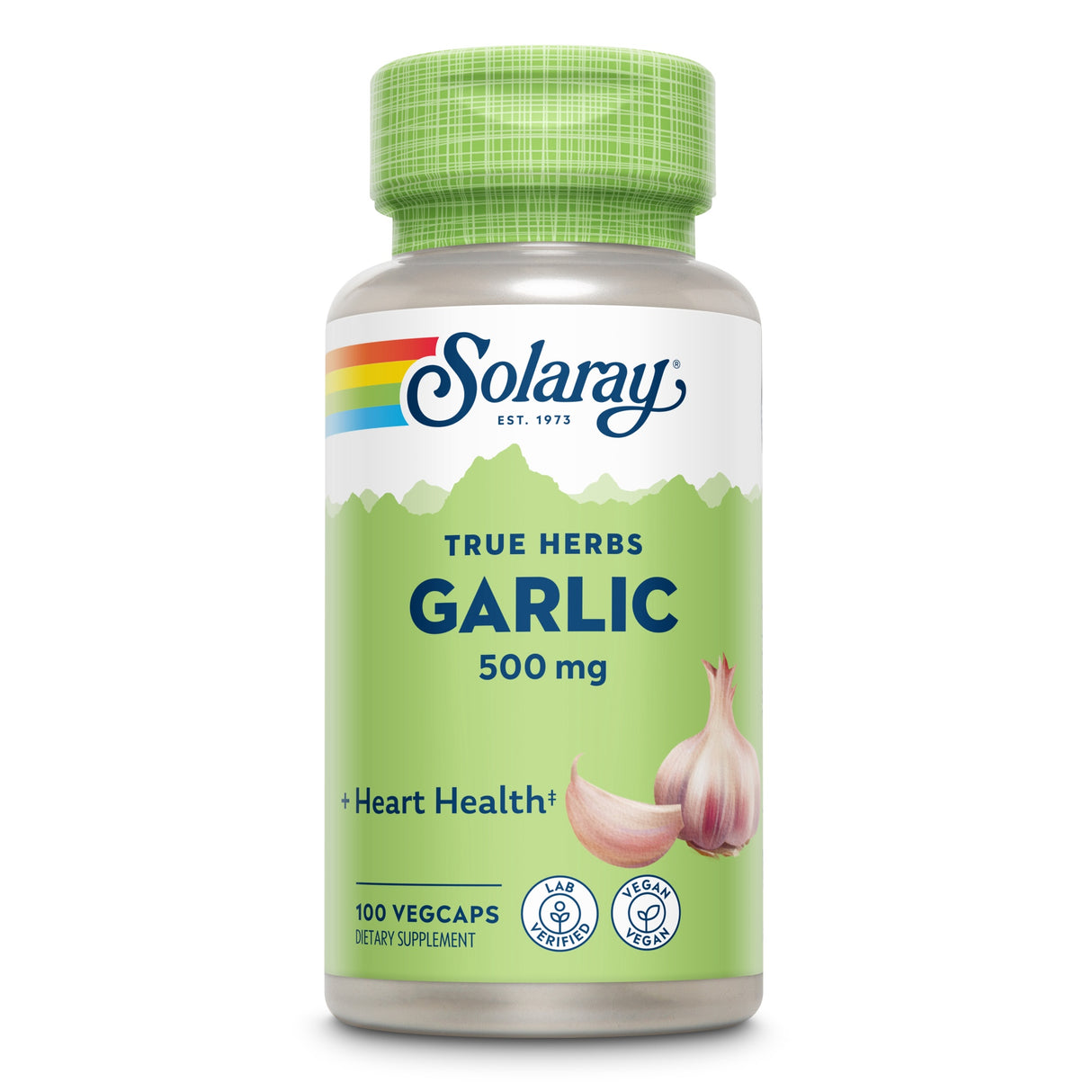 Grüne Flasche mit Knoblauchkapseln von Solaray, 500 mg, 100 Vegcaps, für Herzgesundheit, vegan.