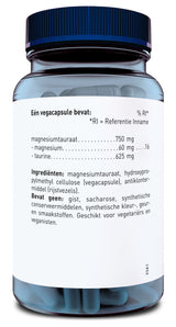 Das Bild zeigt eine Plastikflasche mit blauen Kapseln und einem blauen Schraubverschluss. Das Etikett auf der Flasche ist in niederländischer Sprache und gibt die Inhaltsstoffe einer Vegacapsule an: Magnesiumtauraat, Magnesium, Taurine. Die Flasche ist für Vegetarier und Veganer geeignet und enthält keine Hefe, Saccharose oder synthetische Zusatzstoffe. Die Flasche steht aufrecht und ist aus einem transparenten Kunststoff, der die Kapseln im Inneren sichtbar macht.