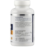 Eine weiße Plastikflasche mit einem Etikett, das die Verzehrempfehlung und Zutaten eines Nahrungsergänzungsmittels zeigt. Die Flasche enthält 90 Kapseln und wiegt 75g. Hergestellt von Supplementa B.V. in Winschoten, Niederlande.