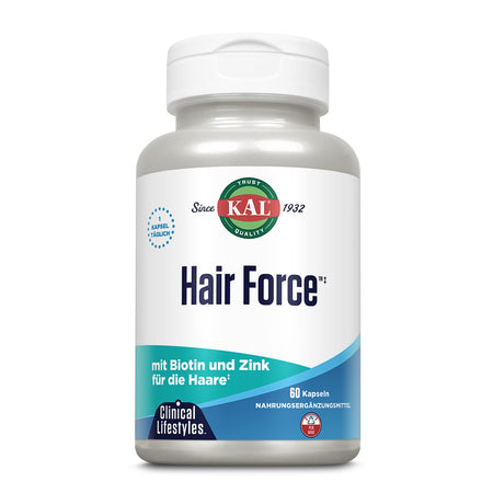 Eine weiße Plastikflasche mit einem Etikett der Marke KAL. Auf dem Etikett steht 'Hair Force' und es wird mit Biotin und Zink für die Haare beworben. Die Flasche enthält 60 Kapseln.