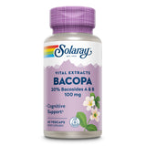 Eine Plastikflasche mit lila Etikett, auf dem "Solaray Bacopa Vital Extracts" steht. Enthält 20% Bacosides A & B, 100 mg. Unterstützt kognitive Funktionen. 60 Vegcaps, Lab Verified. Blüten und Blätter abgebildet.
